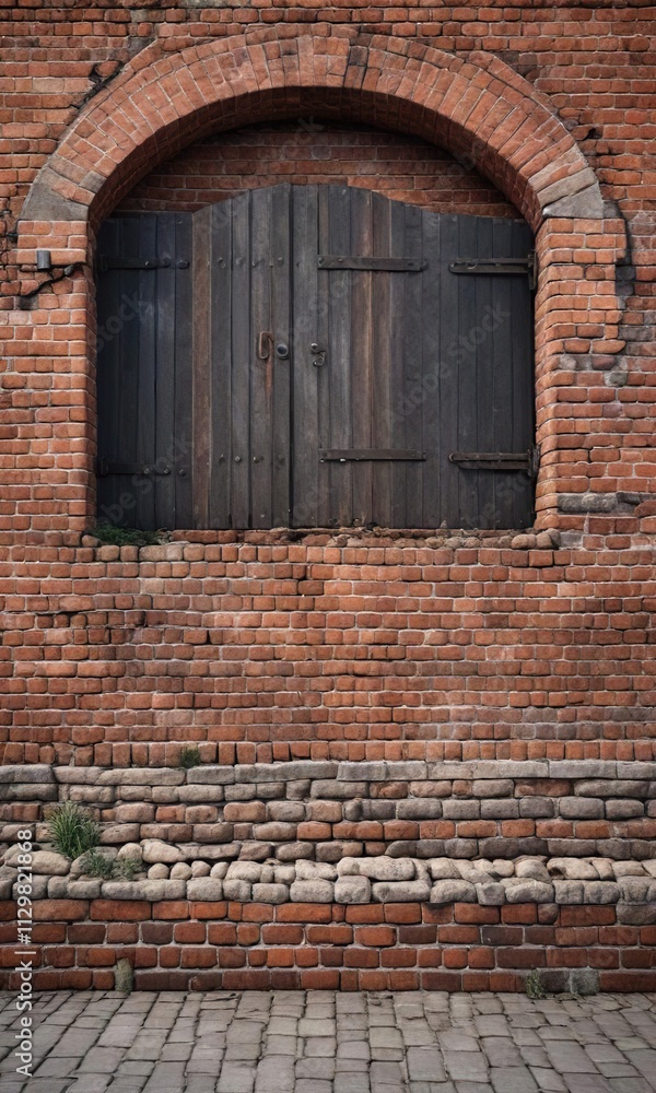 Old brick wall with a partially bricked up gate, worn, gray stone, old gate