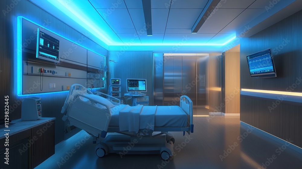 Modern hospital room with ambient lighting and equipment Modern hospital room with ambient lighting and equipment