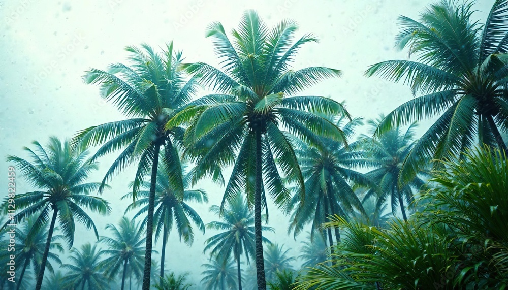 Palm trees swaying violently in a tropical storm, swirling palm fronds , forest stormy Palm trees swaying violently in a tropical storm, swirling palm fronds , forest stormy
