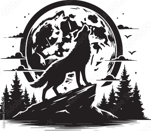 A howling wolf silhouette against a full moon black vector