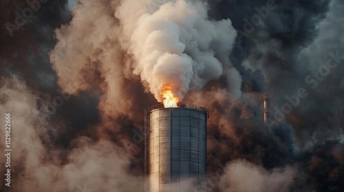 Oil petroleum idea. A tower emitting smoke and flames, illustrating the impact of pollution and industry. photo