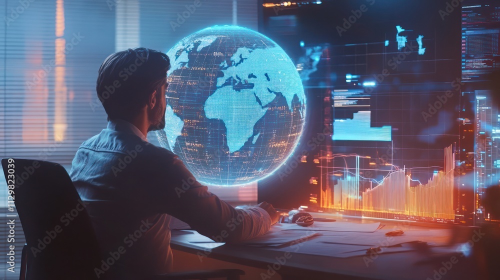 Person analyzing data with a holographic globe display Person analyzing data with a holographic globe display