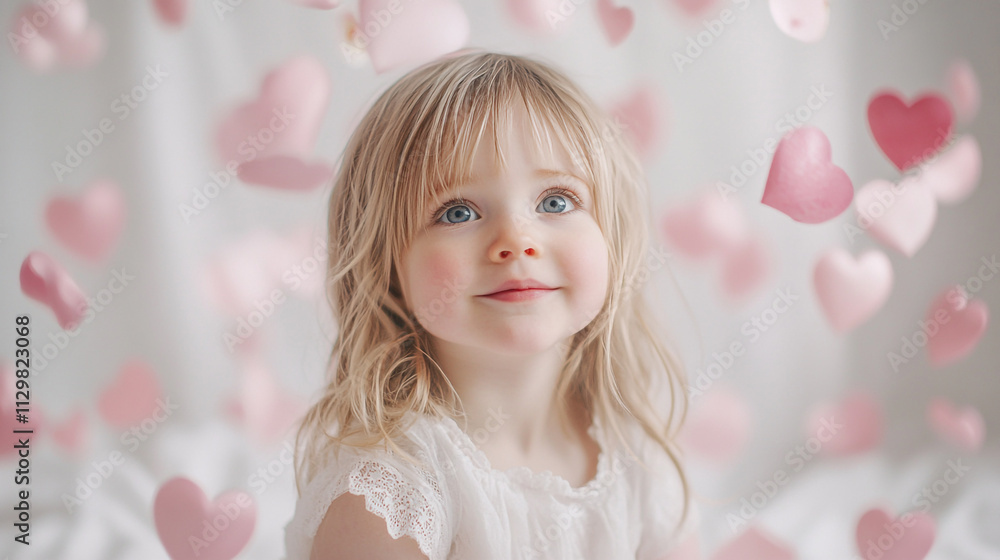 Sweet child enjoying heart-shaped decorations in a bright setting Sweet child enjoying heart-shaped decorations in a bright setting