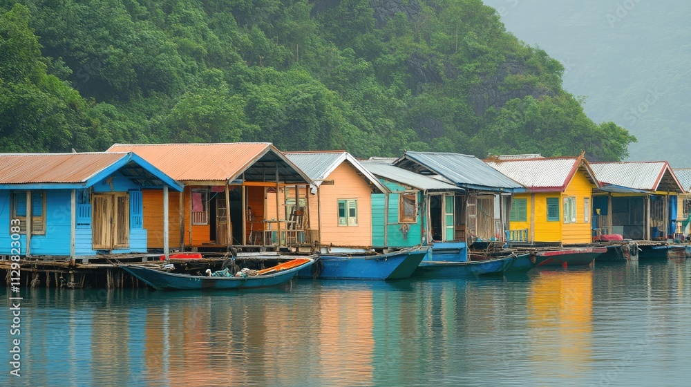One of Halong Bay floating fishing villages, with colorful houses on stilts and traditional fishing boats One of Halong Bay floating fishing villages, with colorful houses on stilts and traditional fishing boats