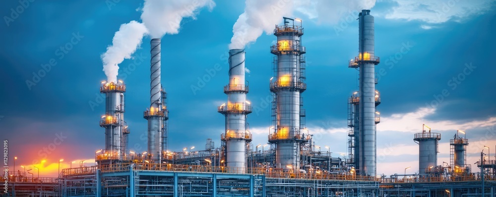 Fototapeta premium Oil petroleum idea. Industrial landscape with smokestacks and blue skies, symbolizing modern manufacturing.