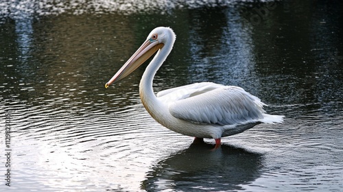 A magnificent white pelican stands quietly in the reflective waters of Kerkini Lake, showcasing its elegant posture