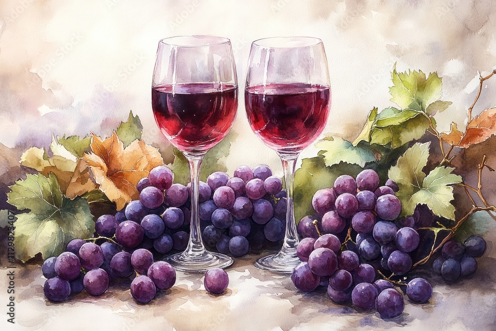 Watercolor Illustration of Red Wine Glasses and Grapes Watercolor Illustration of Red Wine Glasses and Grapes