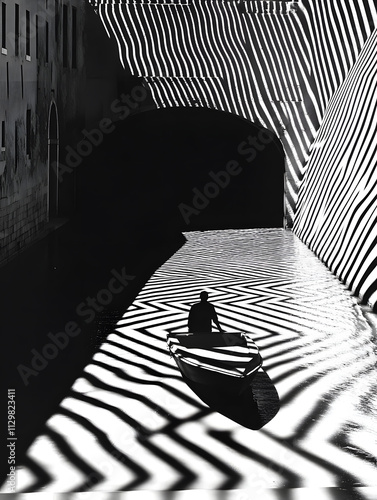 boat on an ocean of dynamic composition of thin, parallel lines, creating a sense of direction and forward motion. Simple black-and-white with a smooth gradient transition for depth. photo