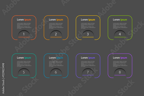 business concept with 8 steps, grey rectangle shape  with colorful label design for workflow layout, diagram, annual report, web design. Creative banner,  vector