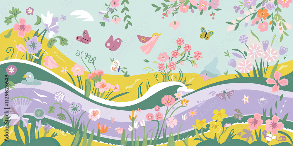 Obraz premium Whimsical Spring Meadow Birds Butterflies Flowers Stream