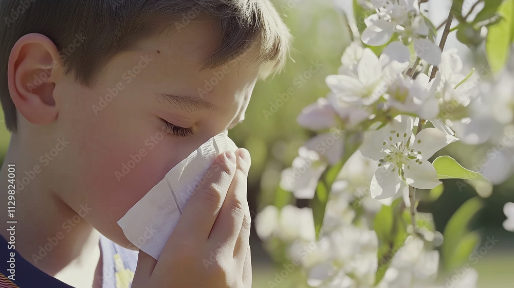 Person sneezing into tissue amidst blooming flowers and green leaves, symbolizing allergy season, with ample copy space for text or design elements. Person sneezing into tissue amidst blooming flowers and green leaves, symbolizing allergy season, with ample copy space for text or design elements.