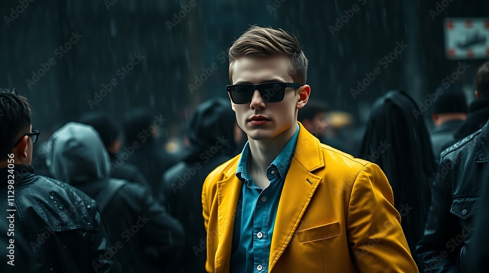 Man in yellow jacket standing out from large crowd of people in the middle of the street Man in yellow jacket standing out from large crowd of people in the middle of the street