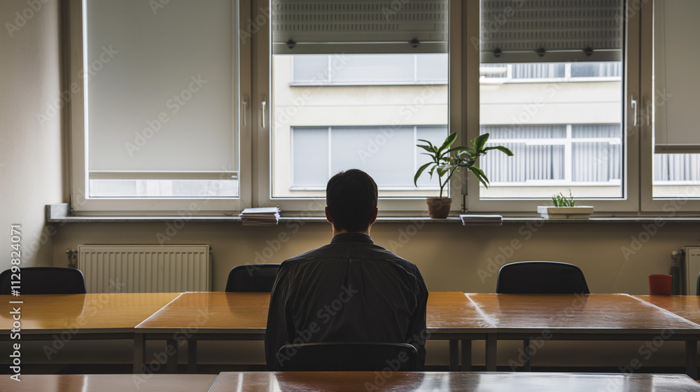 Fototapeta premium Man sitting alone in an empty office, gazing at an empty desk with a few personal items, symbolizing job loss and layoffs, conveying a sense of uncertainty and reflection