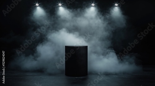 Dark studio backdrop featuring black pedestal. Spotlights illuminate dark smoke. Product display or stage background. Dramatic lighting and dark ambiance. Suitable for showcasing different products.