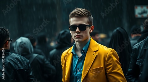 Man in yellow jacket standing out from large crowd of people in the middle of the street