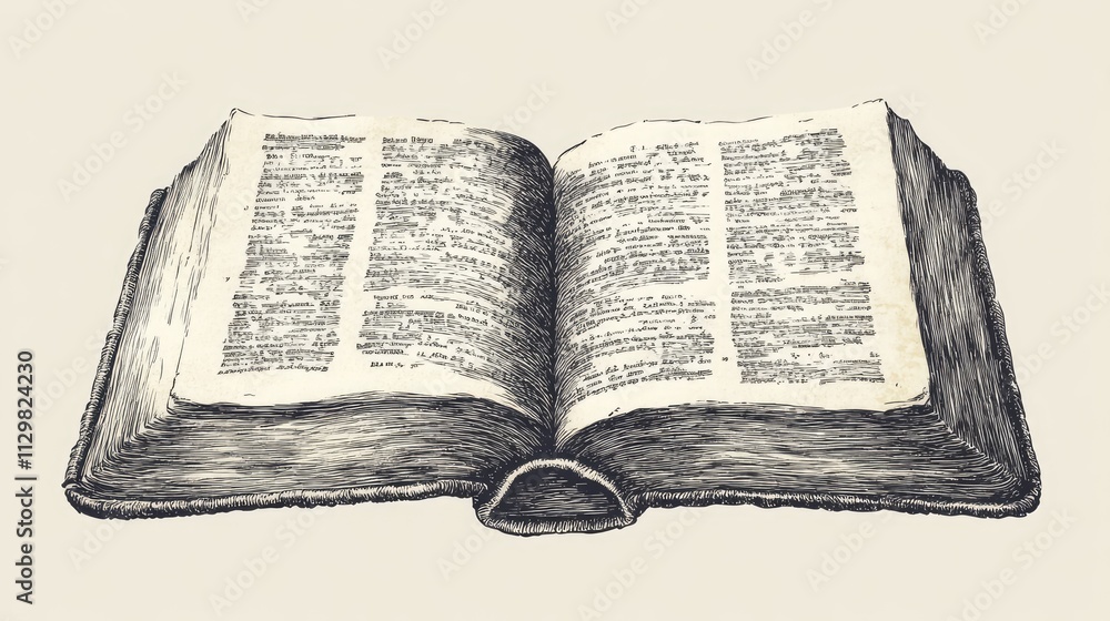 Obraz premium Open ancient book sketch. Opened bible engraving, diary etched drawing, vintage register volume hand drawing vector illustration