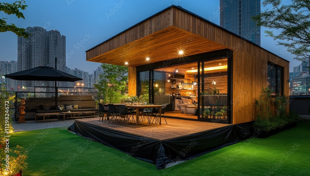 Fototapeta premium Modern Rooftop Cabin with City Views