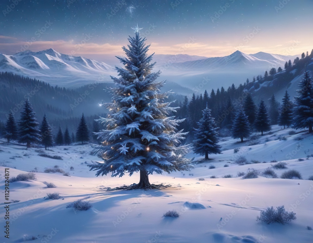 Snowflakes fall around a beautiful blue Christmas tree amidst glittering hills, frozen scenery, blue Christmas tree Snowflakes fall around a beautiful blue Christmas tree amidst glittering hills, frozen scenery, blue Christmas tree