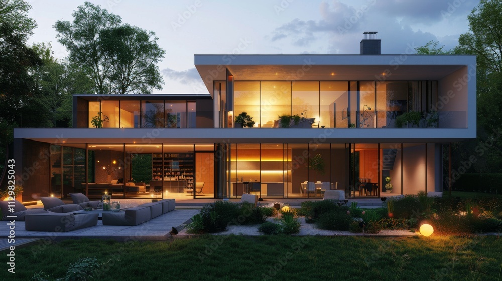 A modern villa at twilight with light streaming through large windows, showcasing a minimalist interior. The patio includes a sleek infinity pool A modern villa at twilight with light streaming through large windows, showcasing a minimalist interior. The patio includes a sleek infinity pool