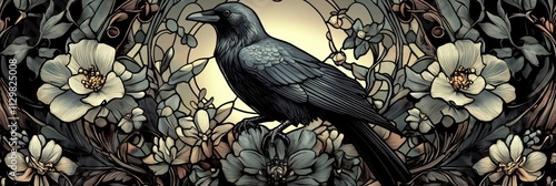 A Raven Amidst Art Nouveau Floral Design photo