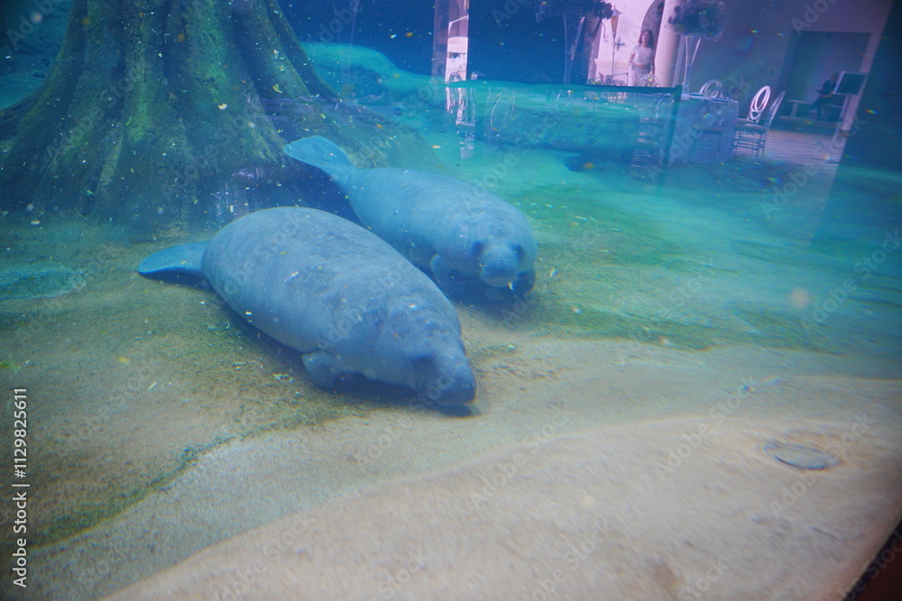 Fototapeta premium Manatee eat delicious lettuce under water