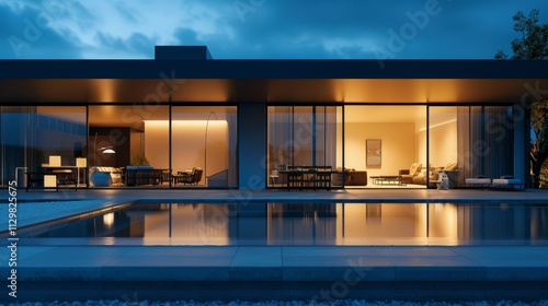 A modern villa glowing at night, showcasing an open-plan living area through large windows. The patio features a stylish fire pit and is surrounded by lush landscaping. Ultra-detailed