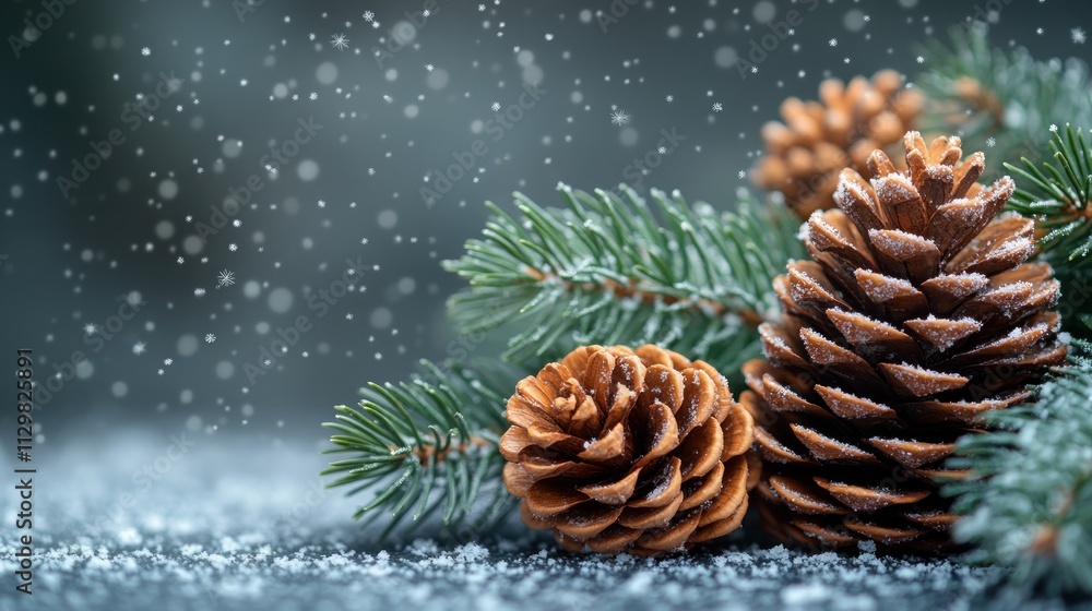 Winter Pine Cone Evergreen Branch Cozy Rustic Scene Christmas Greeting Card Flat Lay Winter Pine Cone Evergreen Branch Cozy Rustic Scene Christmas Greeting Card Flat Lay