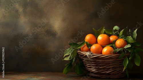 Ripe Oranges in a Rustic Wicker Basket with Green Leaves