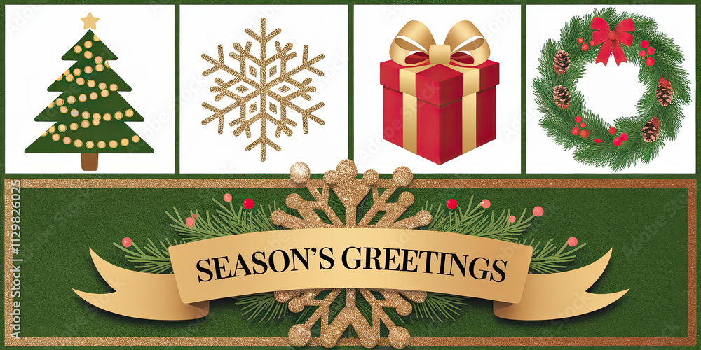 Fototapeta premium Festive Christmas Design Tree Snowflake Gift Wreath Season s Greetings