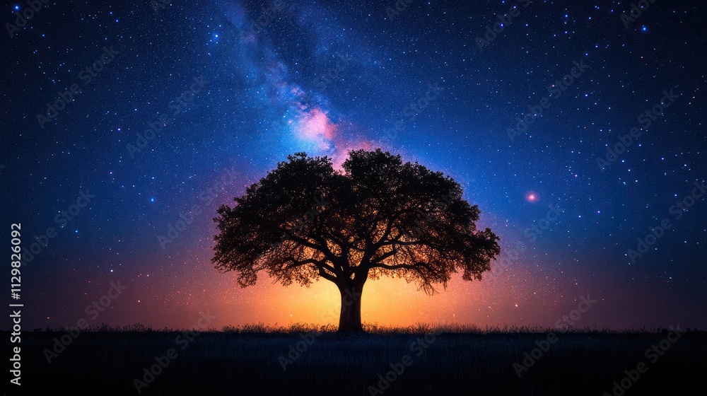 Milky Way Tree Silhouette Under a Starry Sky with Mystical Backlighting and Cosmic Beauty Milky Way Tree Silhouette Under a Starry Sky with Mystical Backlighting and Cosmic Beauty