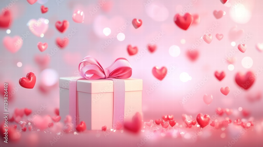 Romantic gift surrounded by floating hearts and sparkles Romantic gift surrounded by floating hearts and sparkles