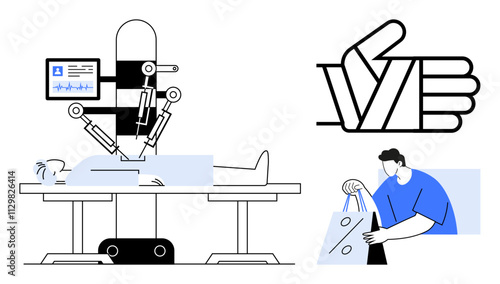 Medical robot performing surgery, thumbs up gesture, and person holding shopping bags. Ideal for technology, healthcare, ecommerce, productivity, lifestyle innovation and modern living themes. Line