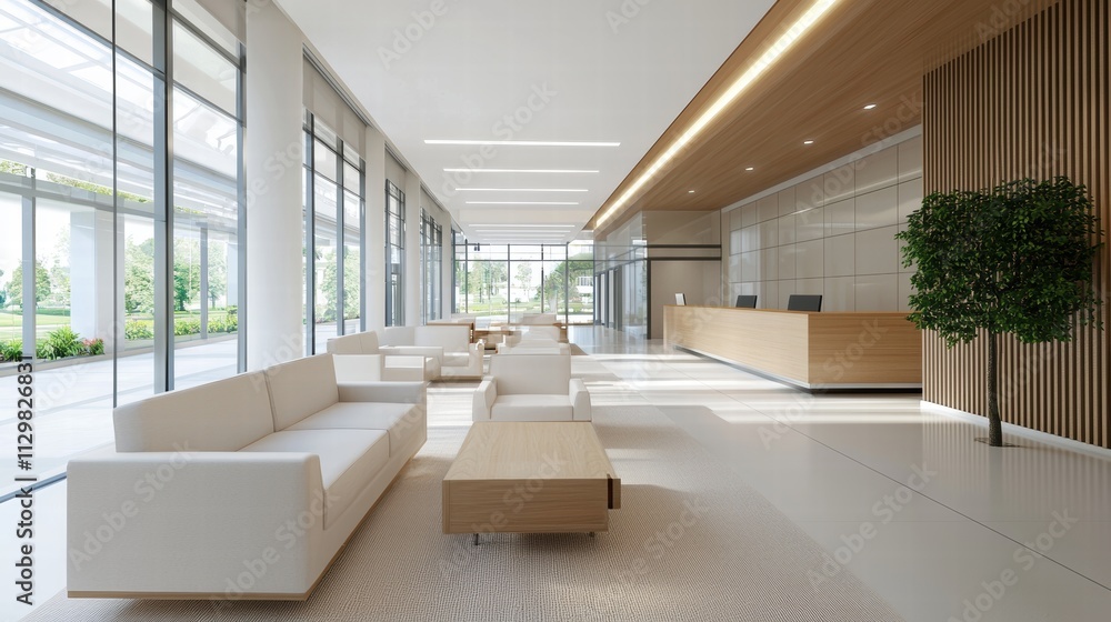 Fototapeta premium Modern office lobby with sleek design and natural light