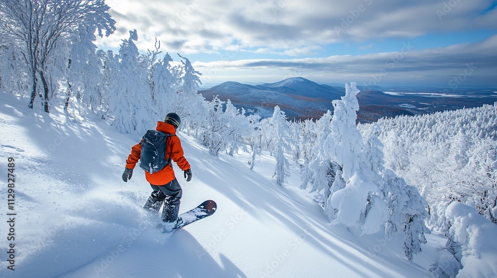 Snowboarder carving down snowy mountain slope. Snowboarder carving down snowy mountain slope.