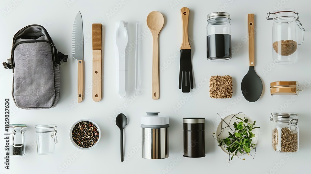 A clean, high-quality image of modern reusable home storage items on a white background.--ar 16:9 A clean, high-quality image of modern reusable home storage items on a white background.--ar 16:9