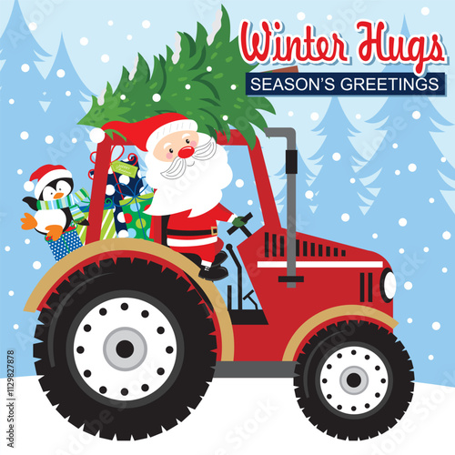Christmas card design with Santa, penguin and gifts on tractor
