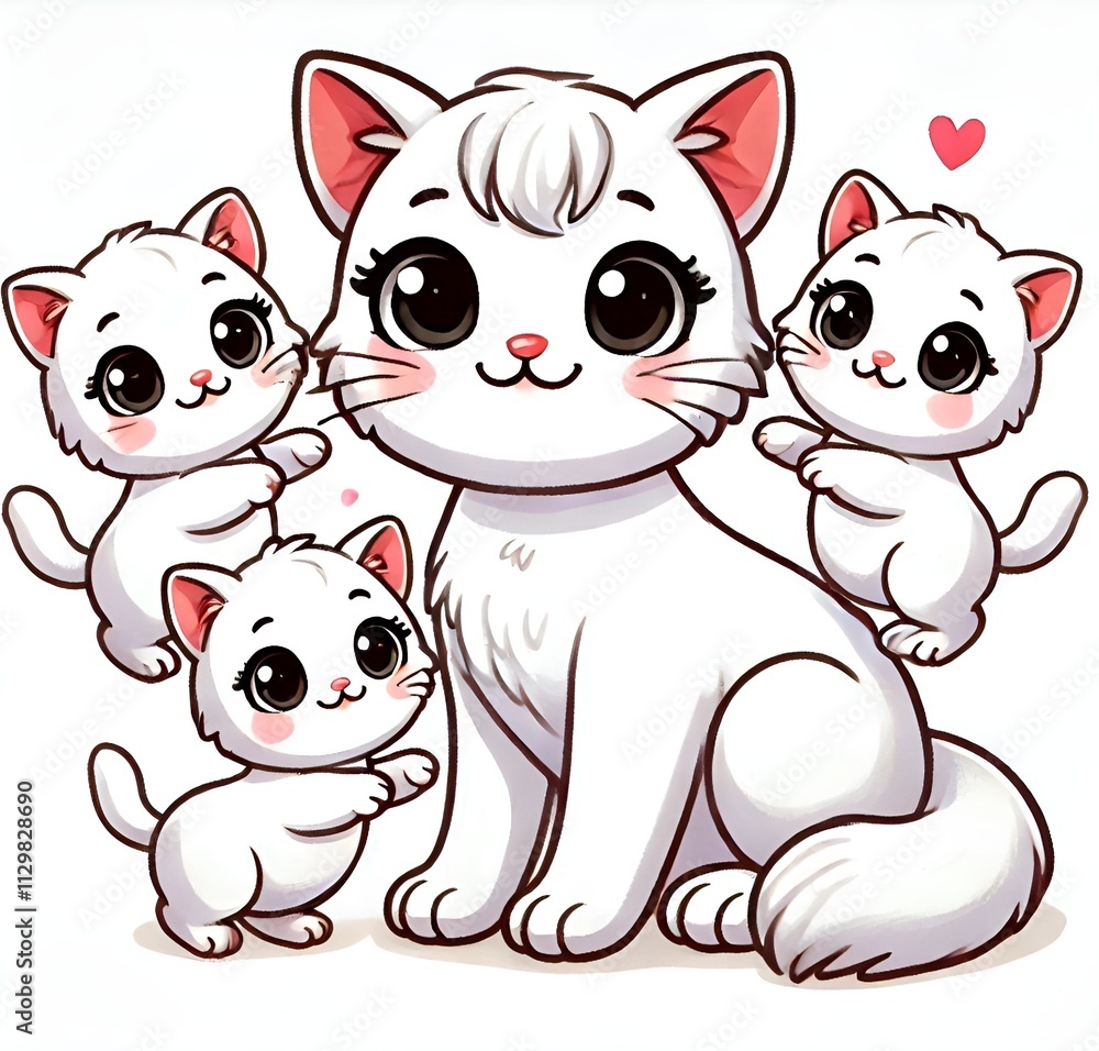 Fototapeta premium White cat family cartoon image