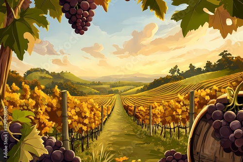 Autumnal Vineyard Landscape: Golden Vines and Ripe Grapes at Sunset photo