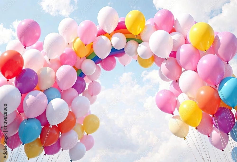 White and multicolored balloons float together in harmony like a rainbow, white and multicolored balloons, dreamy sky, whimsical atmosphere White and multicolored balloons float together in harmony like a rainbow, white and multicolored balloons, dreamy sky, whimsical atmosphere