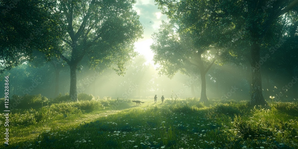 Magical Forest Path Sunlit Green Trees Two Figures Dog Nature Scene Magical Forest Path Sunlit Green Trees Two Figures Dog Nature Scene