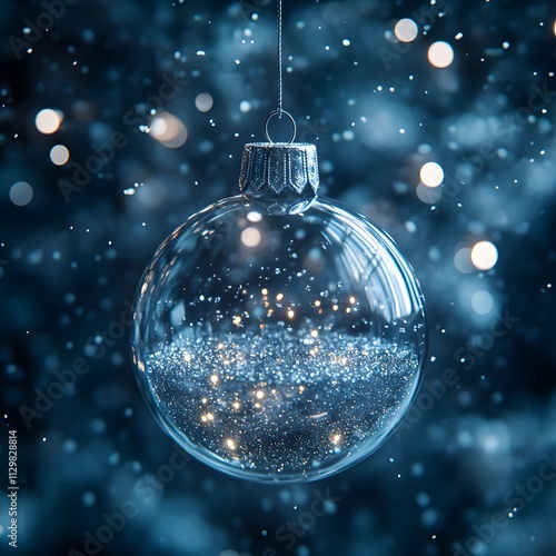 Christmas Snow Globe In Eve Night - Wish Concept With Blue Abstract Defocused Background,