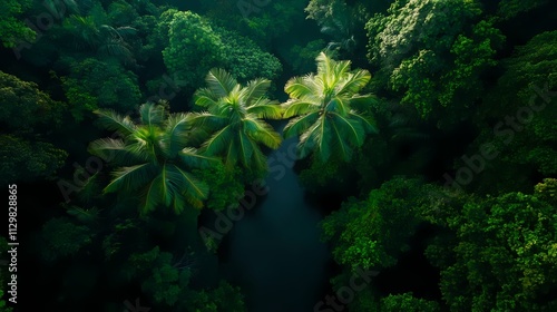 Aerial view of lush green tropical rainforest with palm trees and a dark river.