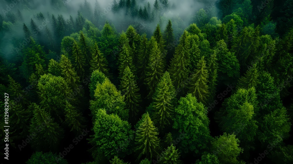 Aerial view of misty evergreen forest. Aerial view of misty evergreen forest.