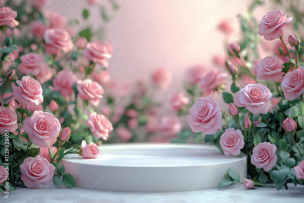 Romantic floral display. Pink roses surround white podium. Ideal for cosmetic gift display. Spring summer aesthetic. Beautiful backdrop for product presentation. Perfect for Valentine Day Easter. Romantic floral display. Pink roses surround white podium. Ideal for cosmetic gift display. Spring summer aesthetic. Beautiful backdrop for product presentation. Perfect for Valentine Day Easter.