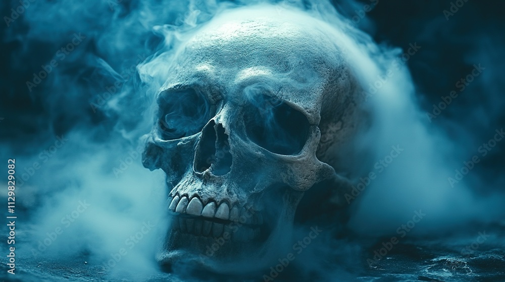 Creepy Halloween Scene: Skull Fog and Real Mist on a Dark Black Floor Creepy Halloween Scene: Skull Fog and Real Mist on a Dark Black Floor
