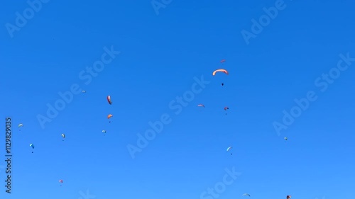 many paraglider fly in blue sky. paragliding in Fethiye, Turkey