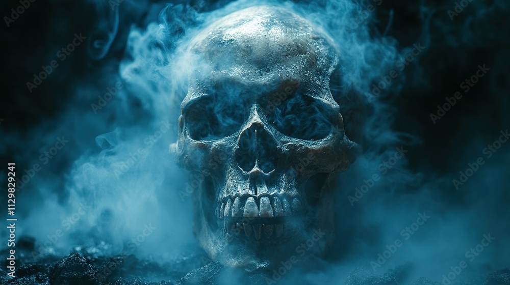Haunting Skull Fog in a Dark Halloween Setting - Authentic Mist on Black Surface Haunting Skull Fog in a Dark Halloween Setting - Authentic Mist on Black Surface