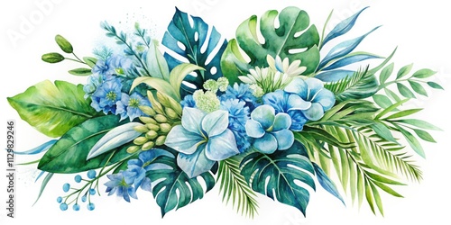 Serene watercolor bouquet: light blue tropical blooms and lush leaves offer heartfelt condolences.