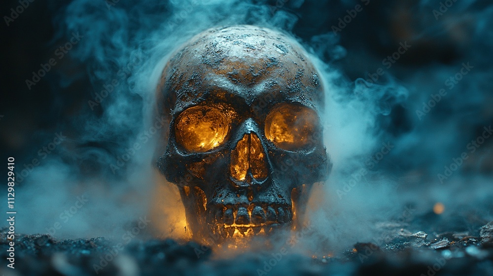 Dark Halloween Background: Skull Surrounded by Fog and Real Mist on a Black Floor Dark Halloween Background: Skull Surrounded by Fog and Real Mist on a Black Floor