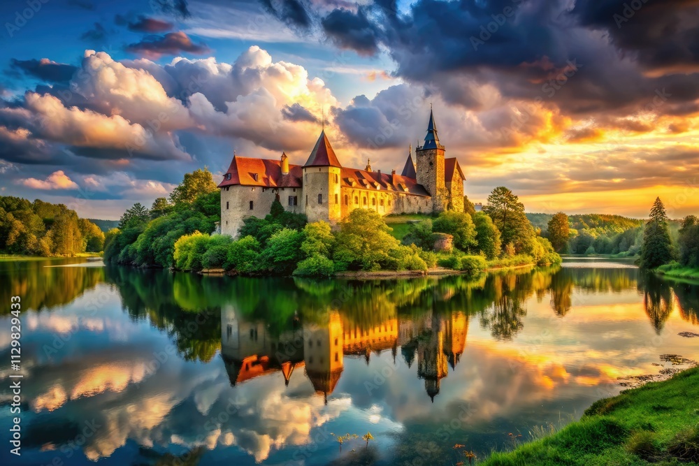 Serene waters reflect a majestic castle, its medieval ruins etched against epic scenery. Serene waters reflect a majestic castle, its medieval ruins etched against epic scenery.